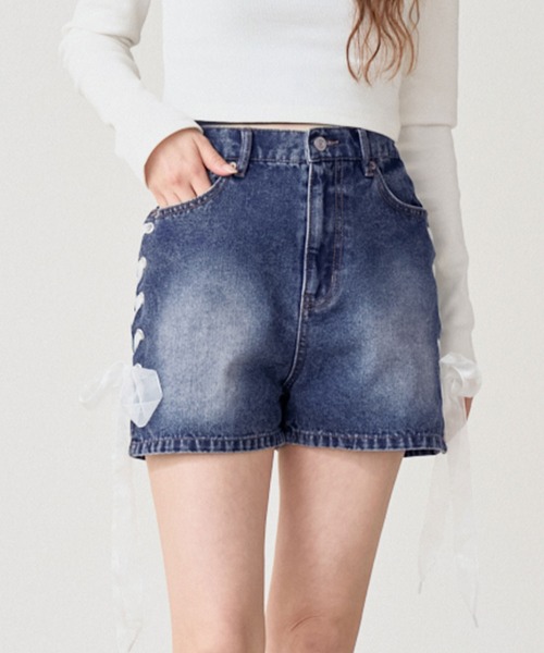10ozスラブデニム シューレースレースアップ ショートパンツ（デニム
