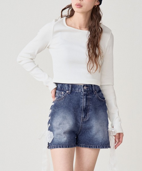 .WORKS(ドットワークス)の「10ozスラブデニム シューレースレースアップ ショートパンツ(デニムパンツ・レディース・ブルー系/ダークグレー/ブルー・64/61)」の5枚目の写真
