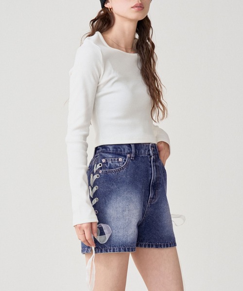 .WORKS(ドットワークス)の「10ozスラブデニム シューレースレースアップ ショートパンツ(デニムパンツ・レディース・ブルー系/ダークグレー/ブルー・64/61)」の7枚目の写真