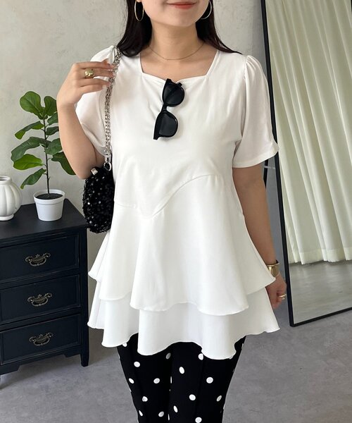 prose verse（プロズヴェール）の「ウェーブ切替ティアードTシャツ（Tシャツ/カットソー・レディース・オフホワイト/ブラック・LARGE/MEDIUM）」の2枚目の写真