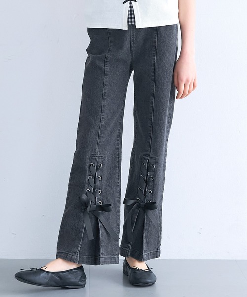 coca(coca)(コカ)の「キッズ デニムレースアップリボンパンツ(デニムパンツ・キッズ・ブラック/ライトブルー・120/130/140/150)」の1枚目の写真