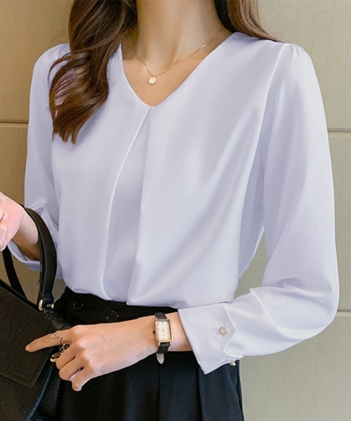 Miniministore(ミニミニストア)の「Vネックシフォンブラウス半袖タックブラウス(シャツ/ブラウス・レディース・ラベンダー/ホワイト・M/XL/L)」の2枚目の写真