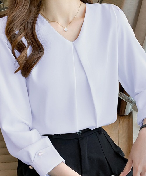 Miniministore(ミニミニストア)の「Vネックシフォンブラウス半袖タックブラウス(シャツ/ブラウス・レディース・ラベンダー/ホワイト・M/XL/L)」の10枚目の写真