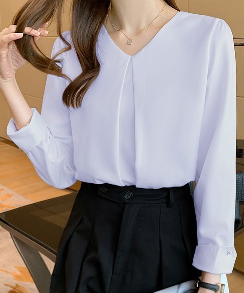 Miniministore(ミニミニストア)の「Vネックシフォンブラウス半袖タックブラウス(シャツ/ブラウス・レディース・ラベンダー/ホワイト・M/XL/L)」の11枚目の写真