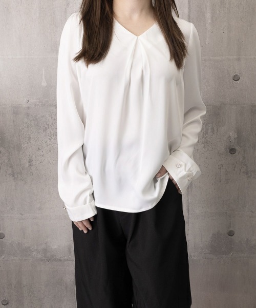 Miniministore(ミニミニストア)の「Vネックシフォンブラウス半袖タックブラウス(シャツ/ブラウス・レディース・ラベンダー/ホワイト・M/XL/L)」の14枚目の写真