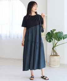LAVEANGE（ラビアンジェ）の「ギャザー切替ワンピース|1枚でサマになる 上質楽ちん 異素材ドッキング ロング丈 体型カバー（ワンピース）」