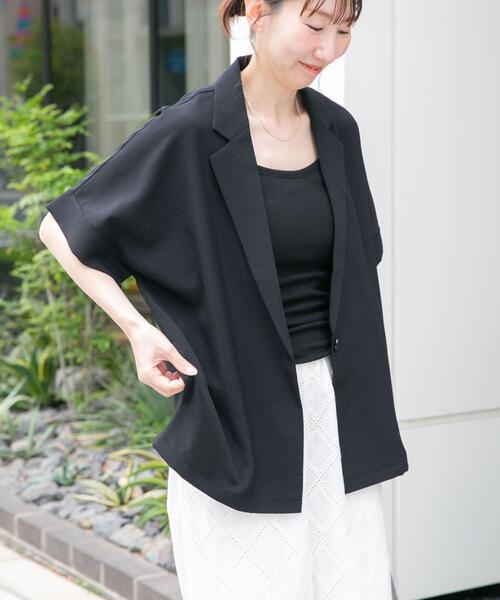 ITEMS URBANRESEARCH(アイテムズ アーバンリサーチ)の「『イージーケア/接触冷感/UVカット』SMOOTH LINEN TOUCH 半袖ジャケット(その他アウター・レディース・オフホワイト/ブラック・FREE)」の1枚目の写真