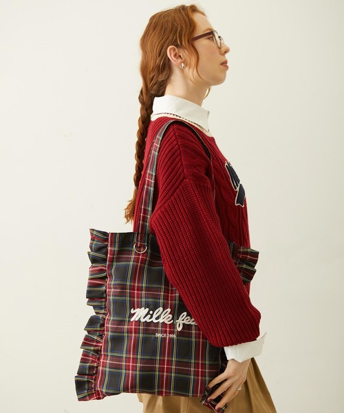 MILKFED.(ミルクフェド)の「FRILLED TARTAN TOTE BAG(トートバッグ・レディース・レッド/イエロー/ブラック・ONE SIZE)」の5枚目の写真
