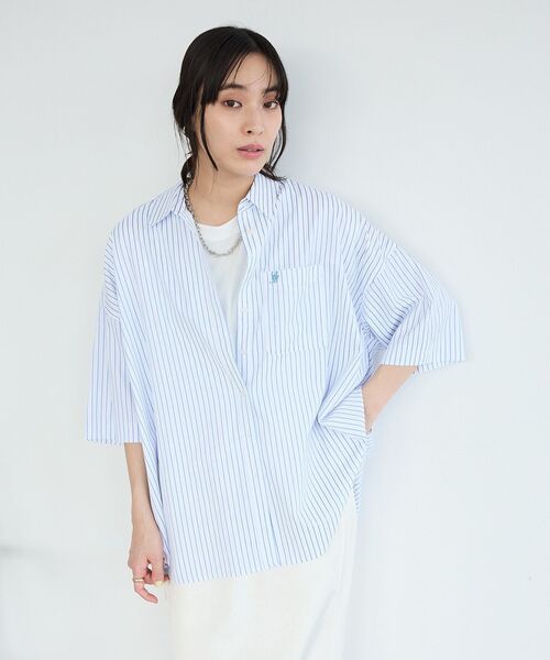 CRAFT STANDARD BOUTIQUE(クラフトスタンダードブティック)の「ロゴ刺繍入ストライプオーバーサイズシャツ(シャツ/ブラウス・レディース・ホワイト/ライトイエロー/サックスブルー・FREE)」の9枚目の写真