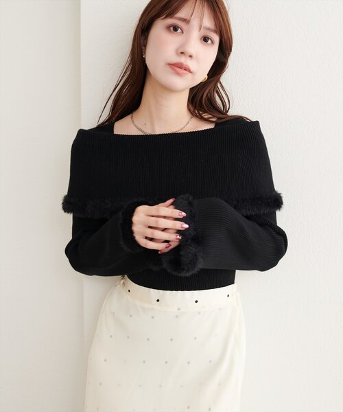 natural couture(ナチュラルクチュール)の「ふわふわファーオフショル風ニット(ニット/セーター・レディース・ライトベージュ/グレイッシュベージュ/ブラウン/オフホワイト/ブラック・FREE)」の2枚目の写真