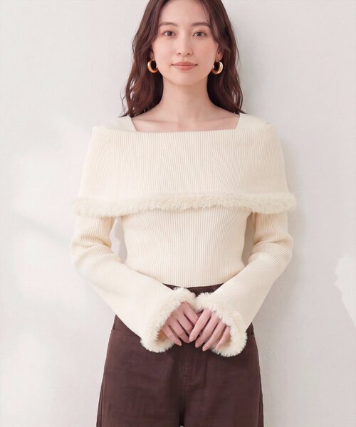 natural couture(ナチュラルクチュール)の「ふわふわファーオフショル風ニット(ニット/セーター・レディース・ライトベージュ/グレイッシュベージュ/ブラウン/オフホワイト/ブラック・FREE)」の9枚目の写真