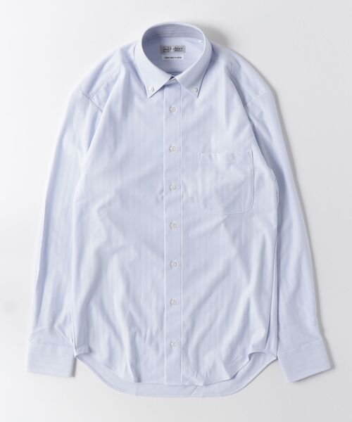 Perfect Suit FActory(パーフェクトスーツファクトリー)の「【アイシャツ累計販売枚数1100万枚突破】長袖アイシャツ 完全ノーアイロン/速乾/抗菌防臭 ワイドストライプ ボタンダウン(ビジネスシャツ・メンズ・サックスブルー・首回り39cm-裄丈82cm/首回り41cm-裄丈84cm/首回り43cm-裄丈86cm/首回り45cm-裄丈86cm/首回り37cm-裄丈80cm)」の2枚目の写真