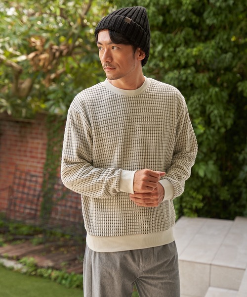 ikka(イッカ)の「ビッグ縦ワッフルクルーネックプルオーバー(スウェット・メンズ・ネイビー/ホワイト/ブラック/ベージュ/グリーン/グレー・XL/L/M)」の4枚目の写真