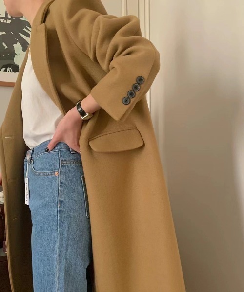 YUGA(ユーガ)の「YUGA_YGMC Korean-style Wool-look tailored long coat(テーラードジャケット・レディース・キャメル/ブラック/ライトグレー・FREE)」の15枚目の写真