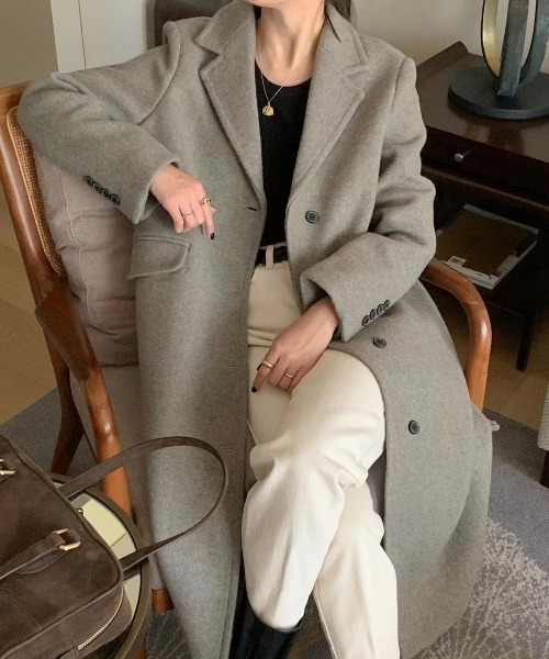 YUGA(ユーガ)の「YUGA_YGMC Korean-style Wool-look tailored long coat(テーラードジャケット・レディース・キャメル/ブラック/ライトグレー・FREE)」の17枚目の写真