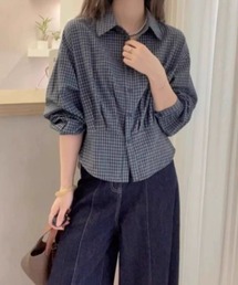 襟付き長袖チェック柄シャツ