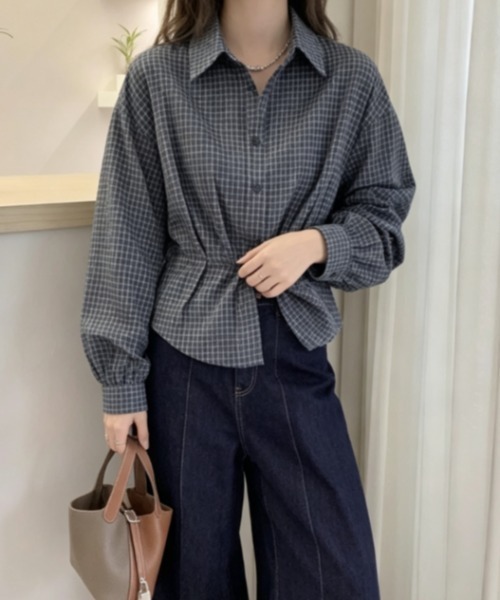 Aelina(エリナ)の「襟付き長袖チェック柄シャツ(シャツ/ブラウス・レディース・ネイビー・L/M)」の4枚目の写真