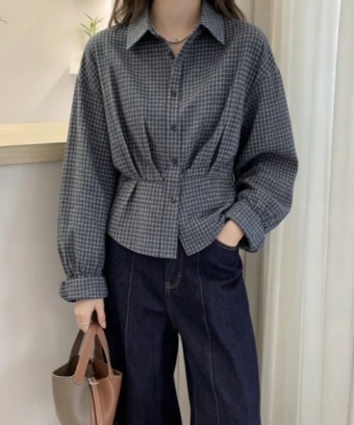 Aelina(エリナ)の「襟付き長袖チェック柄シャツ(シャツ/ブラウス・レディース・ネイビー・L/M)」の5枚目の写真