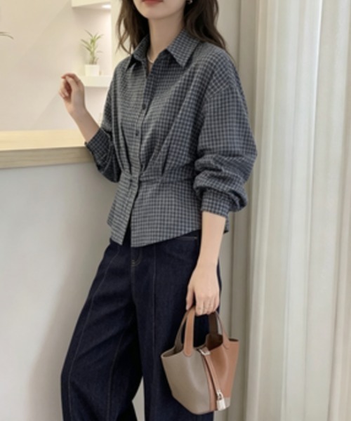 Aelina(エリナ)の「襟付き長袖チェック柄シャツ(シャツ/ブラウス・レディース・ネイビー・L/M)」の7枚目の写真