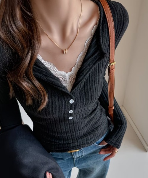 Teem Store(チームストア)の「レース切替 スキッパーカラー タイトリブニット(ニット/セーター・レディース・グレー/ダークグレー/ホワイト/ブラック・M)」の7枚目の写真