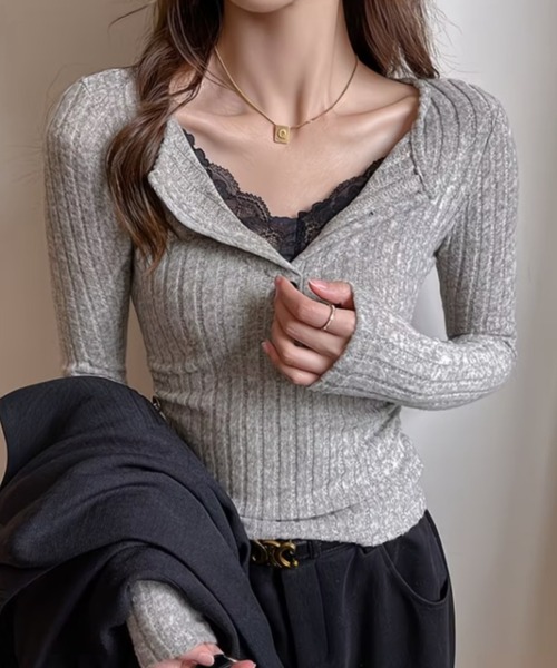 Teem Store(チームストア)の「レース切替 スキッパーカラー タイトリブニット(ニット/セーター・レディース・グレー/ダークグレー/ホワイト/ブラック・M)」の11枚目の写真