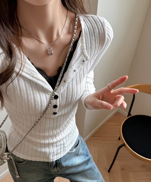 Teem Store(チームストア)の「レース切替 スキッパーカラー タイトリブニット(ニット/セーター・レディース・グレー/ダークグレー/ホワイト/ブラック・M)」の9枚目の写真