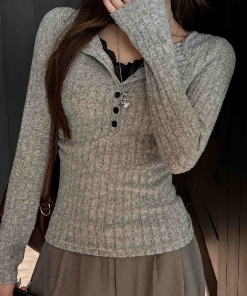 Teem Store(チームストア)の「レース切替 スキッパーカラー タイトリブニット(ニット/セーター・レディース・グレー/ダークグレー/ホワイト/ブラック・M)」の12枚目の写真