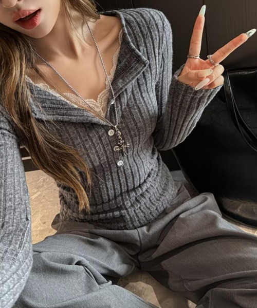 Teem Store(チームストア)の「レース切替 スキッパーカラー タイトリブニット(ニット/セーター・レディース・グレー/ダークグレー/ホワイト/ブラック・M)」の17枚目の写真