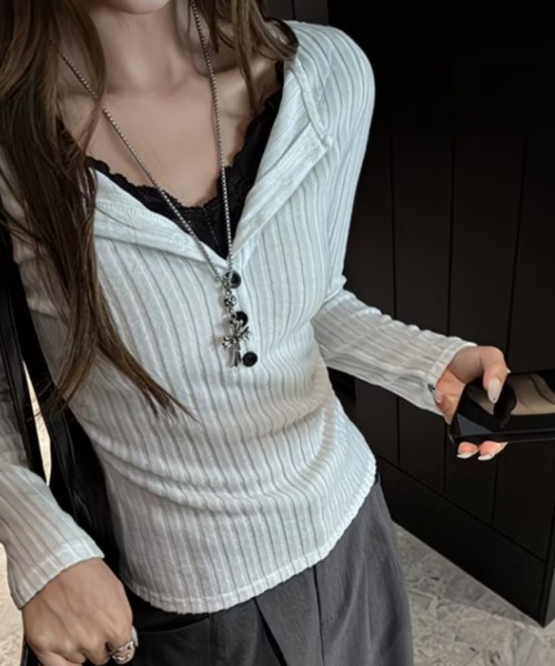 Teem Store(チームストア)の「レース切替 スキッパーカラー タイトリブニット(ニット/セーター・レディース・グレー/ダークグレー/ホワイト/ブラック・M)」の10枚目の写真