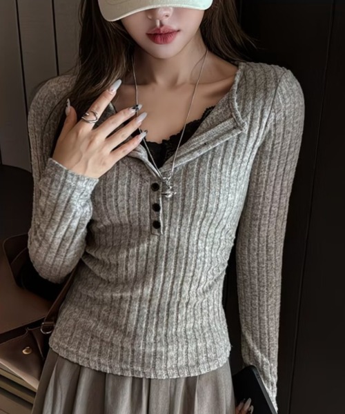 Teem Store(チームストア)の「レース切替 スキッパーカラー タイトリブニット(ニット/セーター・レディース・グレー/ダークグレー/ホワイト/ブラック・M)」の13枚目の写真