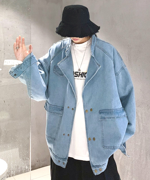 【neos -addictive design-】ビッグシルエット ノーカラー ドルマン デニムジャケット 【neos -addictive design-】ビッグシルエット ノーカラー ドルマン デニムジャケット
