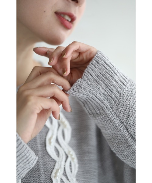 フランス発 Sandro 上品可愛い! パールレース ニット 上下セット セール】パールデザインふわふわニット（ニット/セーター