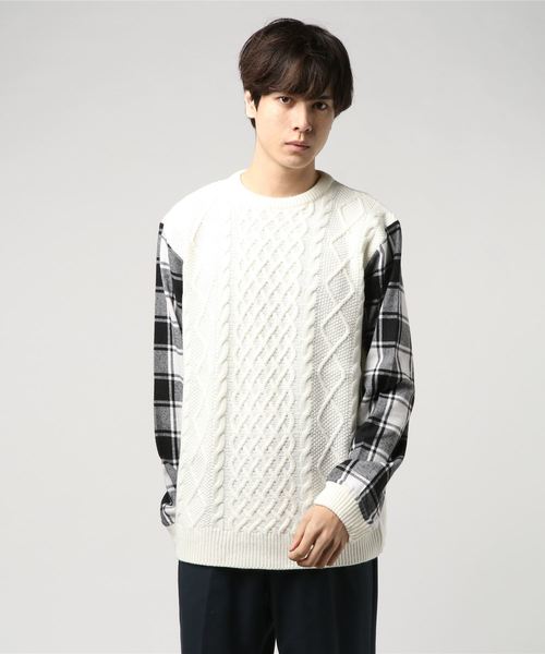 VENCEEXCHANGE（ヴァンスエクスチェンジ）の「袖チェック切り替えケーブルニット（ニット/セーター・メンズ・ブラック/オフホワイト・M/L）」の6枚目の写真