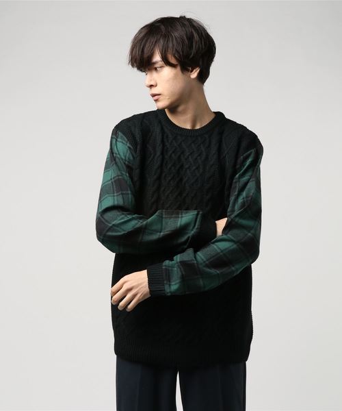 VENCEEXCHANGE（ヴァンスエクスチェンジ）の「袖チェック切り替えケーブルニット（ニット/セーター・メンズ・ブラック/オフホワイト・M/L）」の5枚目の写真