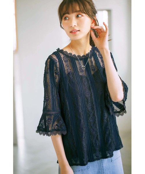GeeRA(ジーラ)の「フリンジレースフレアー袖ブラウス(シャツ/ブラウス・レディース・ブラック/オフホワイト/ネイビー/スモークピンク・X-LARGE/MEDIUM/LARGE/SMALL)」の4枚目の写真