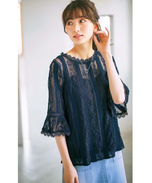 GeeRA(ジーラ)の「フリンジレースフレアー袖ブラウス(シャツ/ブラウス・レディース・ブラック/オフホワイト/ネイビー/スモークピンク・X-LARGE/MEDIUM/LARGE/SMALL)」の14枚目の写真