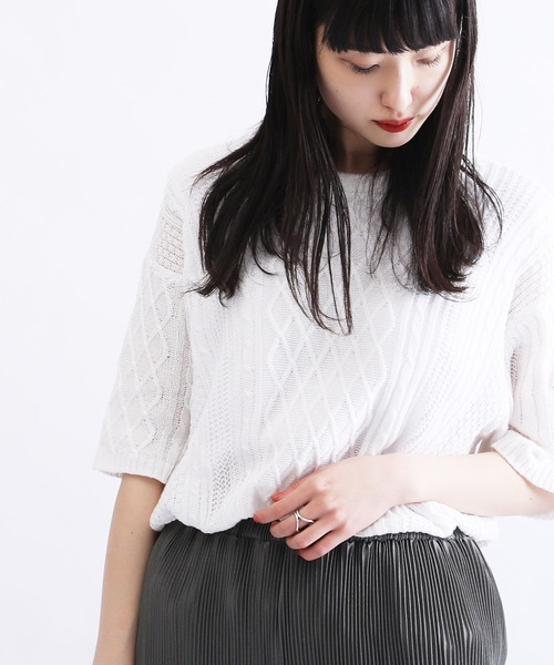 Lulu ＆ Arnie（るるあんどあーにー）の「透かし編み 半袖ニット / サマーニット（ニット/セーター・メンズ・ブラック/ブラウン/オフホワイト/ブルー/グレイッシュベージュ・MEDIUM/LARGE）」の2枚目の写真