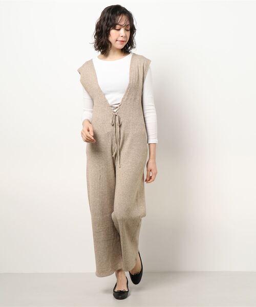 STYLEBLOCK(スタイルブロック)の「リブニットレースアップサロペットパンツ(サロペット/オーバーオール・レディース・ベージュ/ブラック/オフホワイト/モカ・M)」の10枚目の写真