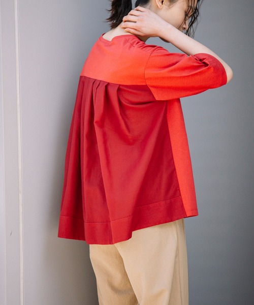 Munich（ミューニック）の「プレミアムコットンリネンジャージー　ドッキングTシャツ（Tシャツ/カットソー・レディース・ネイビー/レッド/カーキ/ホワイト・FREE）」の4枚目の写真