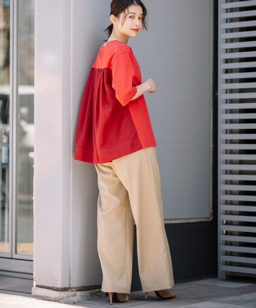 Munich（ミューニック）の「プレミアムコットンリネンジャージー　ドッキングTシャツ（Tシャツ/カットソー・レディース・ネイビー/レッド/カーキ/ホワイト・FREE）」の5枚目の写真