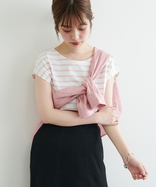 natural couture（ナチュラルクチュール）の「【WEB限定】フレンチスリーブボーダーT（Tシャツ/カットソー・レディース・グリーン/ブラック/ベージュ/ピンク・FREE）」の4枚目の写真