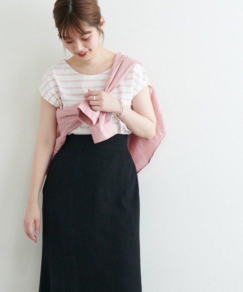 natural couture（ナチュラルクチュール）の「【WEB限定】フレンチスリーブボーダーT（Tシャツ/カットソー・レディース・グリーン/ブラック/ベージュ/ピンク・FREE）」の6枚目の写真