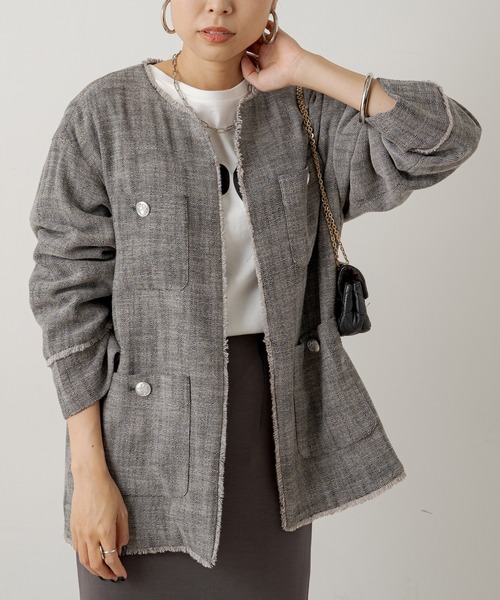 LOUNGEDRESS（ラウンジドレス）の「ライトツイードジャケット（ノーカラージャケット・レディース・ブラック/アイボリー・FREE）」の11枚目の写真
