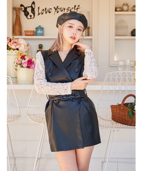 Darich（ダーリッチ）の「レースコンビレザージャケット（ライダースジャケット・レディース・ブラック/ピンク/アイボリー・FREE）」の3枚目の写真