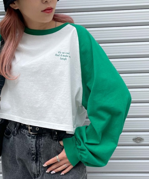 WEGO(ウィゴー)の「WEGO/グラフィックラグランショートロンT(Tシャツ/カットソー・レディース・ブラック/グリーン・SMALL/MEDIUM)」の9枚目の写真