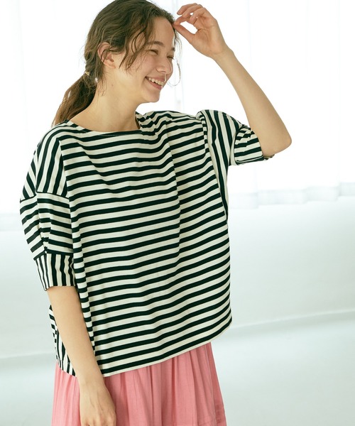 PUAL CE CIN（ピュアルセシン）の「切り替えボーダーT（Tシャツ/カットソー・レディース・ブラック/ライトグリーン/ブルー・FREE）」の2枚目の写真