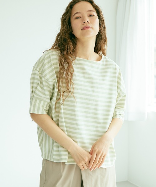 PUAL CE CIN（ピュアルセシン）の「切り替えボーダーT（Tシャツ/カットソー・レディース・ブラック/ライトグリーン/ブルー・FREE）」の6枚目の写真