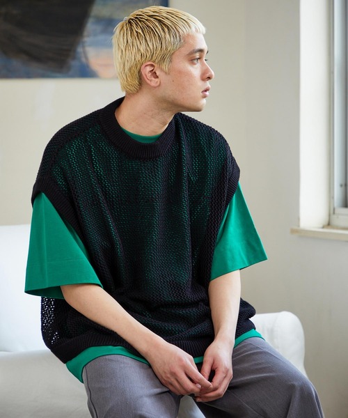 NILWAY（ニルウェイ）の「ファインコットン透かし編みオーバーサイズニットベスト（ベスト・メンズ・ライトグレー/ブラック/グリーン/ブラック系・MEDIUM/LARGE）」の2枚目の写真