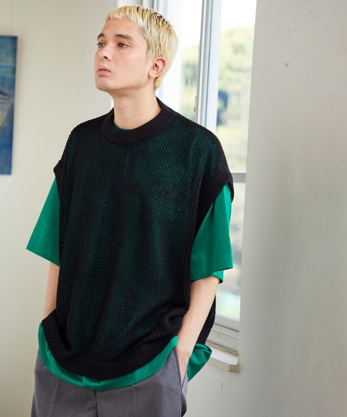 NILWAY（ニルウェイ）の「ファインコットン透かし編みオーバーサイズニットベスト（ベスト・メンズ・ライトグレー/ブラック/グリーン/ブラック系・MEDIUM/LARGE）」の5枚目の写真