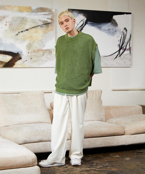 NILWAY（ニルウェイ）の「ファインコットン透かし編みオーバーサイズニットベスト（ベスト・メンズ・ライトグレー/ブラック/グリーン/ブラック系・MEDIUM/LARGE）」の16枚目の写真